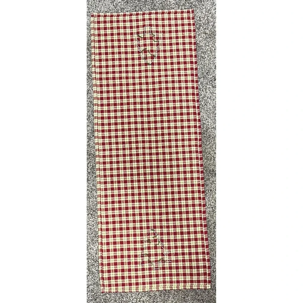 Christmas Tree Table Runner Red Checked Embroidered Country‎ Farmhouse Decor